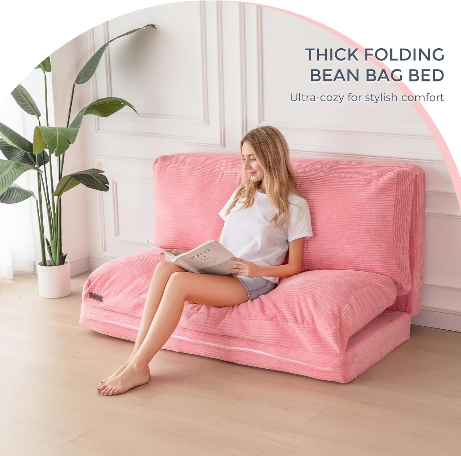 Pink Corduroy 4 Fold Sofa Floor Bed Chair 75x240cm Washable Cover Foam