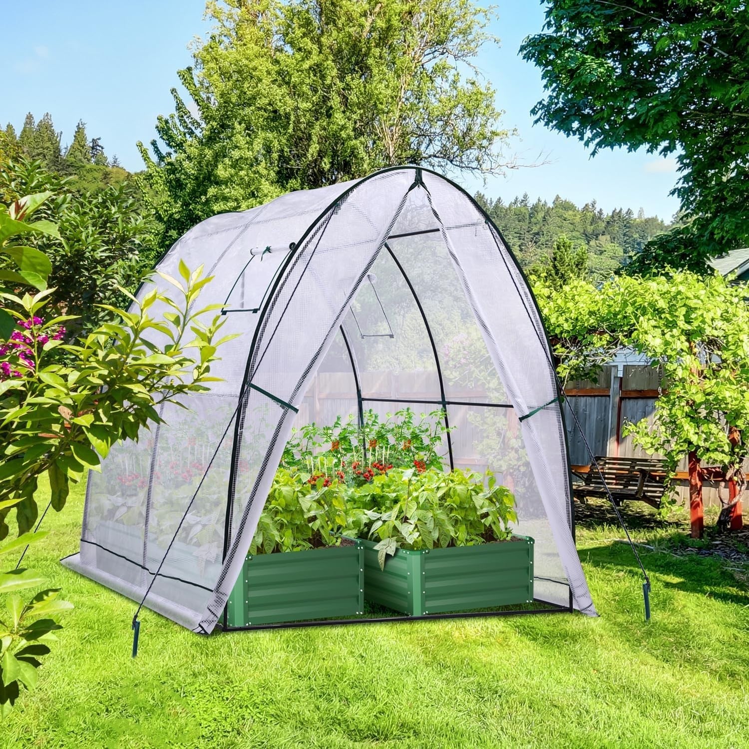 Portable Tunnel Greenhouse with Heavy Duty PE Cover & Mesh Windows 1.8x1.8x2m