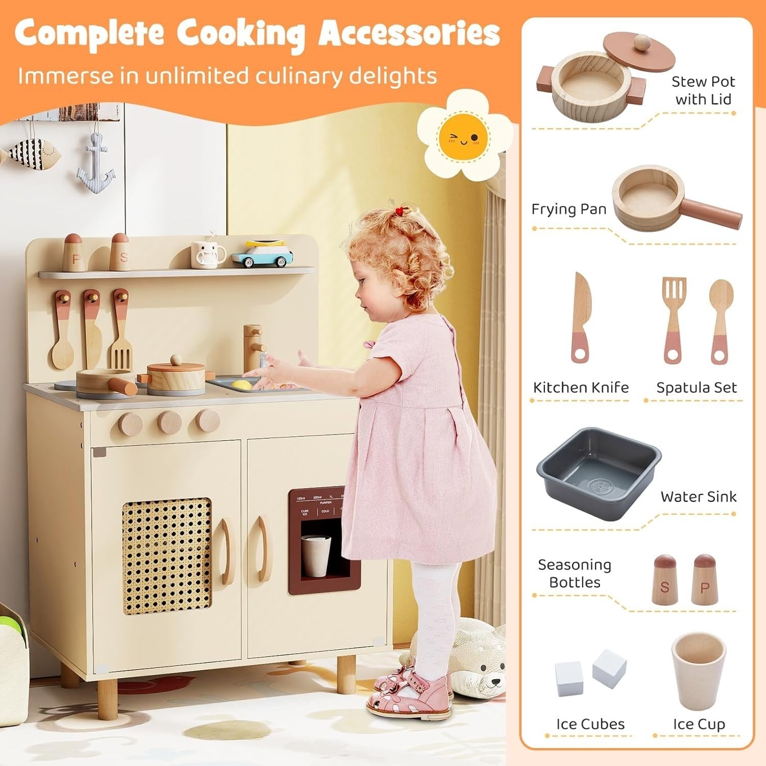 Kids Wooden Play Kitchen w/ Ice Maker Sink Yellow Toy Set