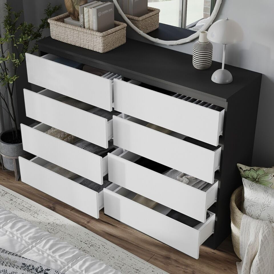 Black Chest of 8 Drawers White Front Modern Storage Unit for Bedroom Office