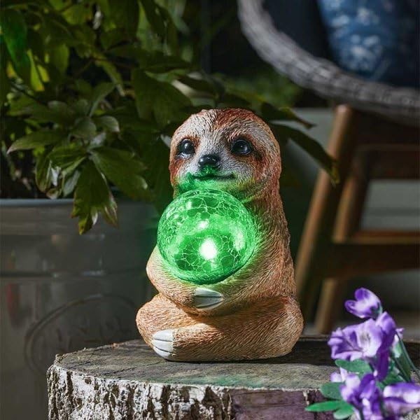 Solar Sloth Garden Ornament 37cm Crackle Ball LED Light Outdoor Patio Decor Gift