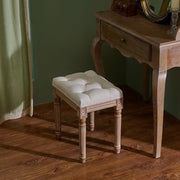 Beige French Vintage Upholstered Stool Wooden Frame Tufted Seat 40x30x47cm
