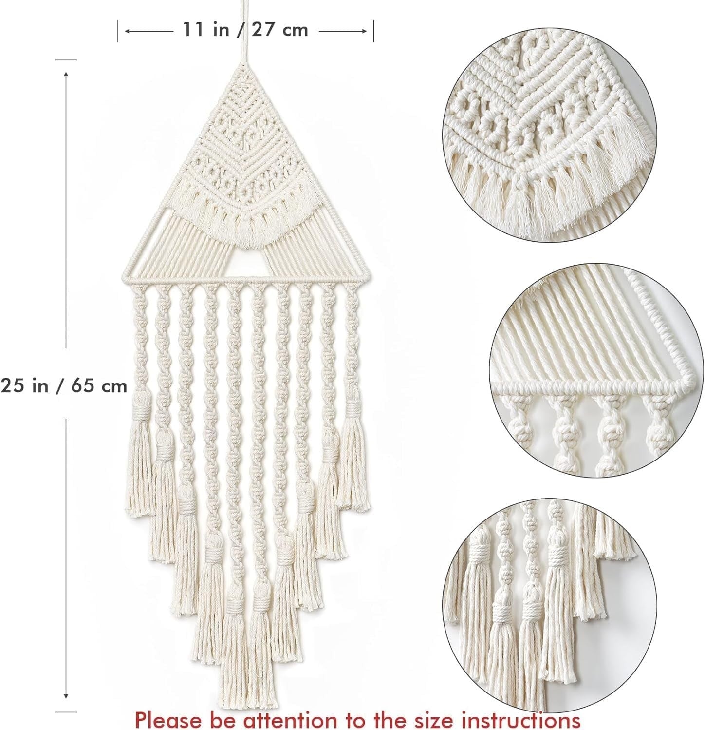 Beige Triangle Macrame Wall Hanging Boho Tassel Decor 70cm