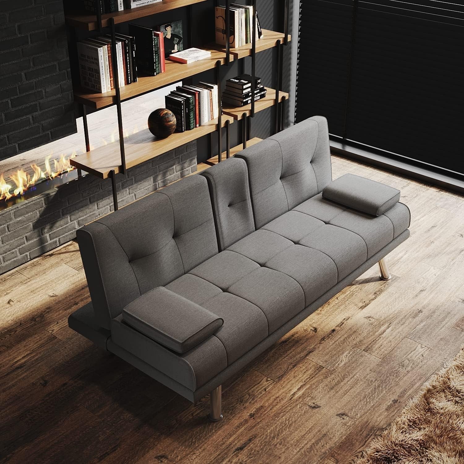Modern Grey Fabric Recliner Sofa Bed 2-Seater Cup Holder Sleeper Couch