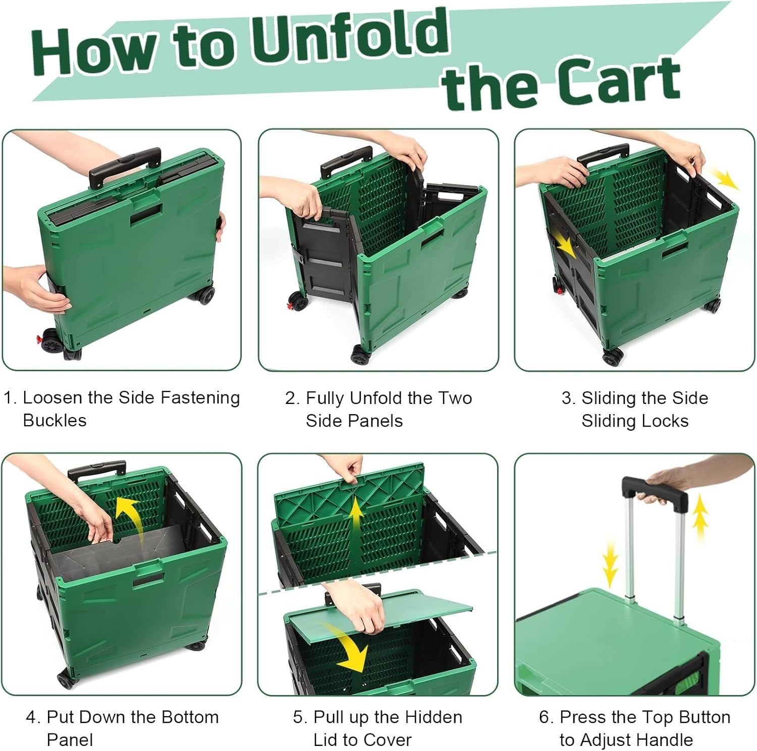 Foldable Rolling Shopping Trolley Cart Box 50Kg Portable w/ Lid Green