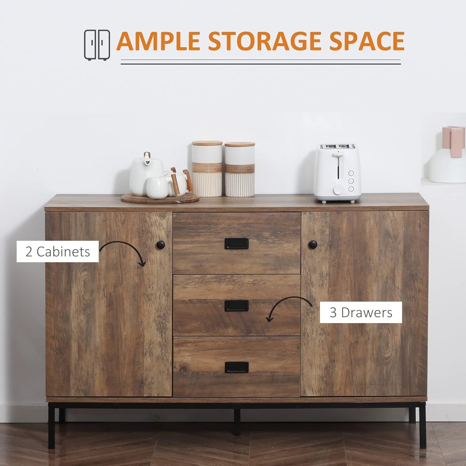 Industrial Sideboard Rustic Brown 3 Drawer 2 Door Cabinet Storage Unit