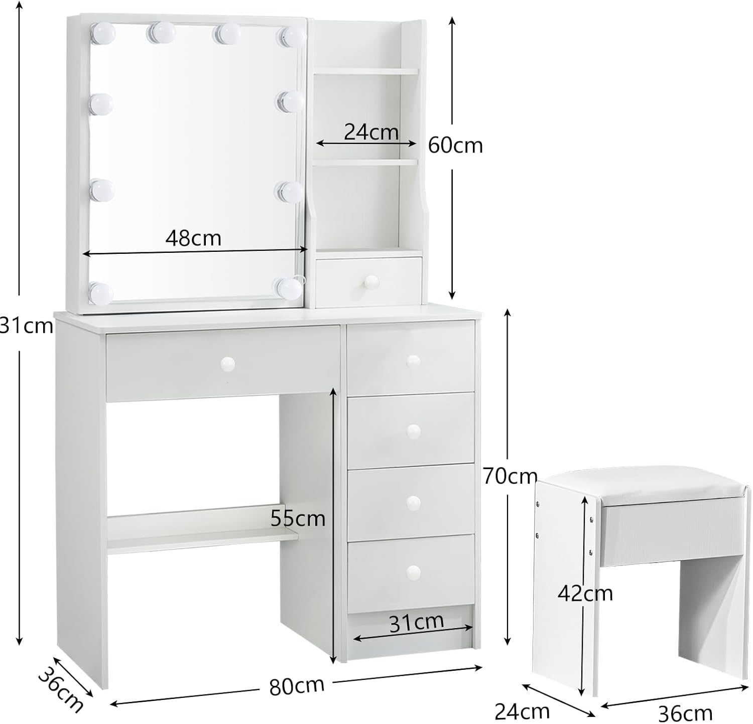 White Dressing Table Vanity Desk with Lighted Mirror 6 Drawers & Stool