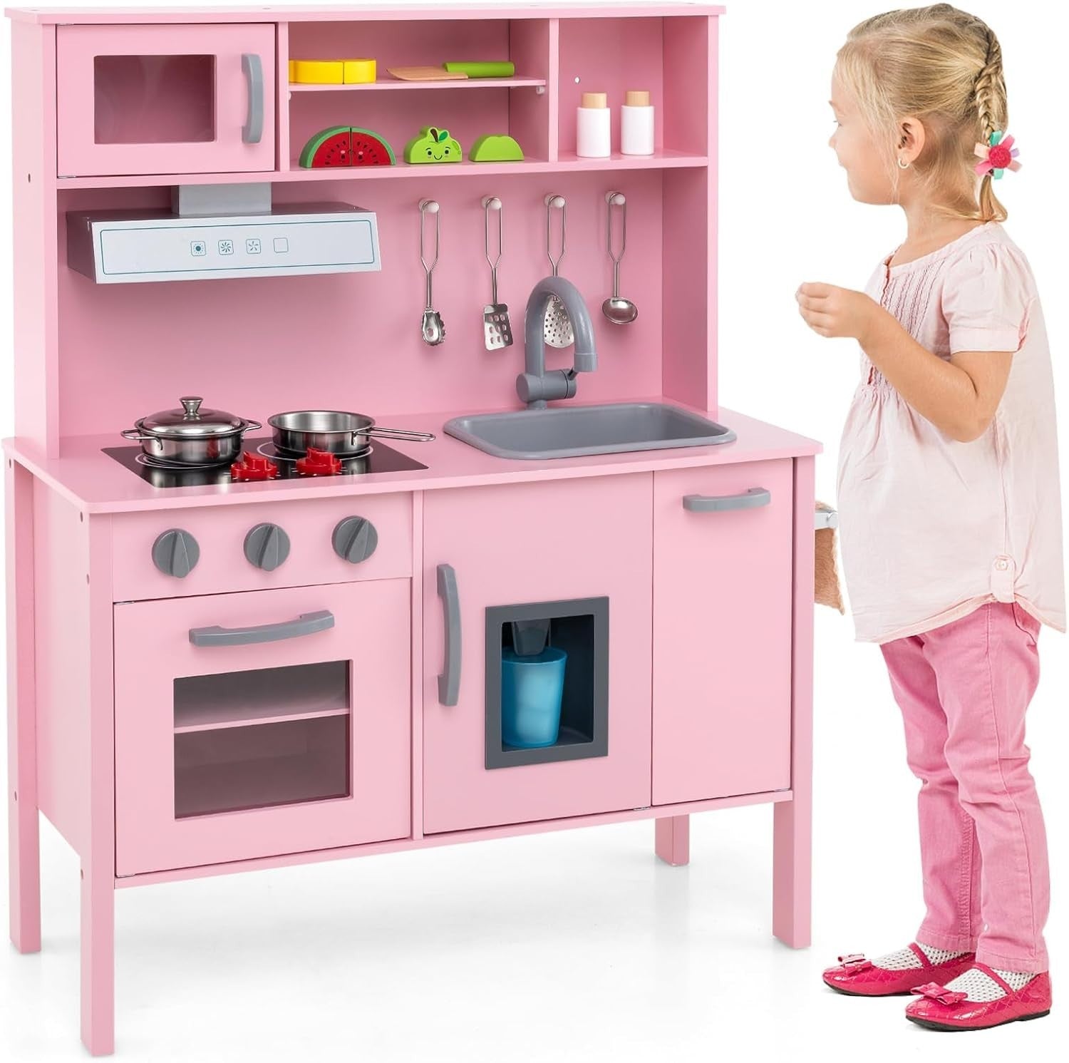 Wooden Kids Play Kitchen Pink Ice Maker Sound Cooking Toy Set