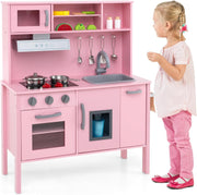 Wooden Kids Play Kitchen Pink Ice Maker Sound Cooking Toy Set
