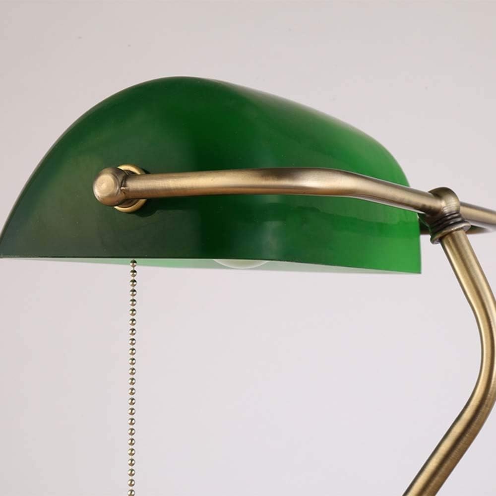Bankers Desk Lamp Green Glass Shade Brass Base Pull Switch LED