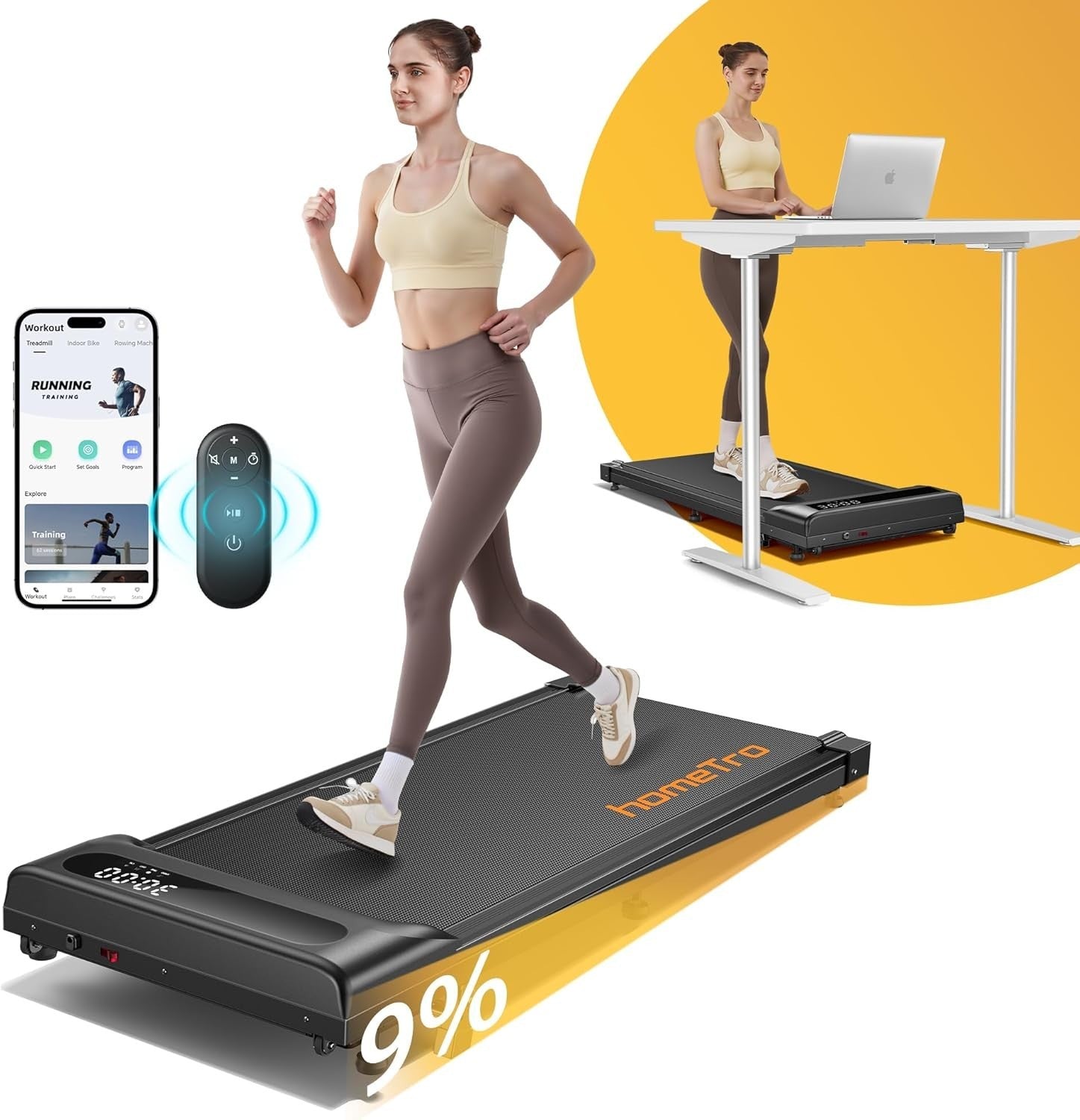 3.0HP Under Desk Treadmill 9% Incline Walking Pad 1-8 km/h Home Gym
