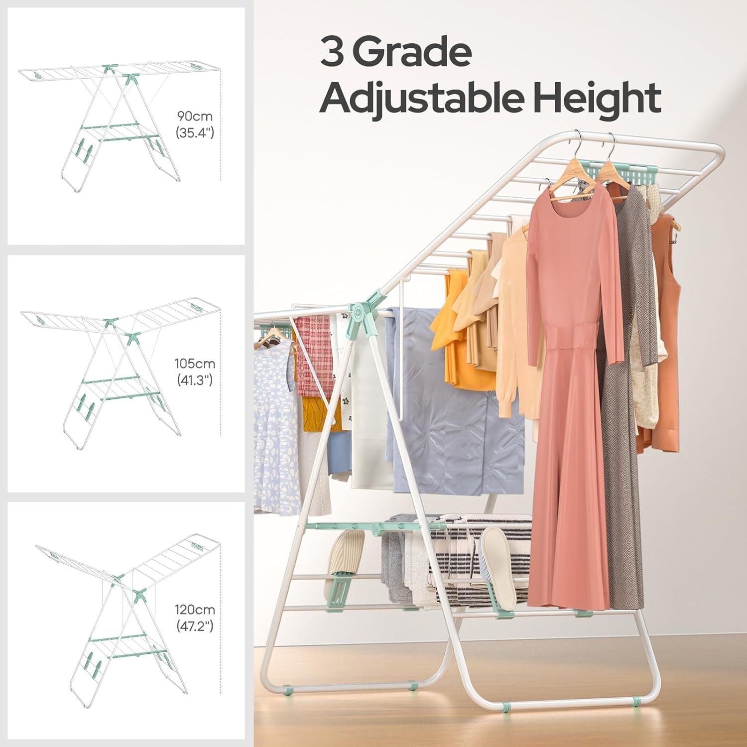 Foldable Clothes Airer Large Drying Rack Height Adjustable Wings Indoor