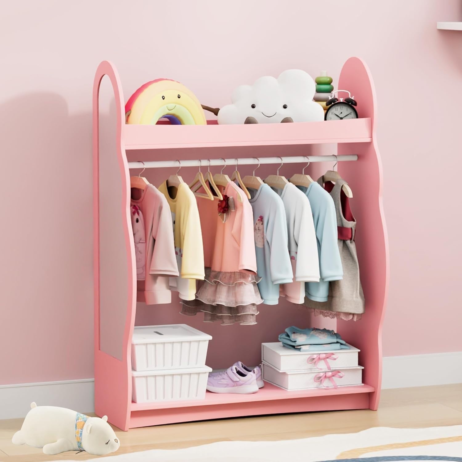 Kids Wardrobe with Mirror & Hanging Rail, No Drawer, Pink Cloud Design