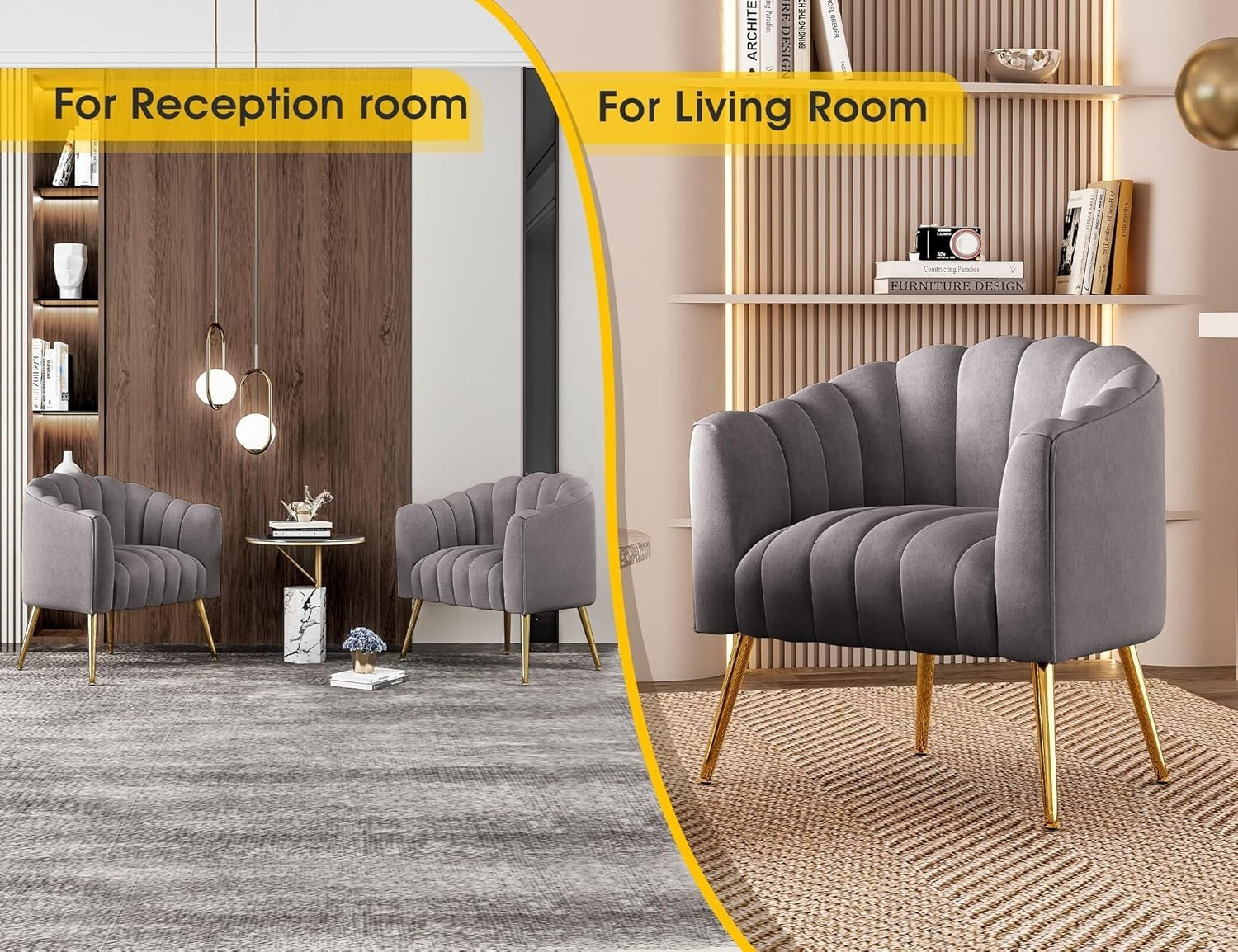 Oversized Grey Velvet Barrel Chair with Gold Legs | Luxury Comfy Accent Sofa