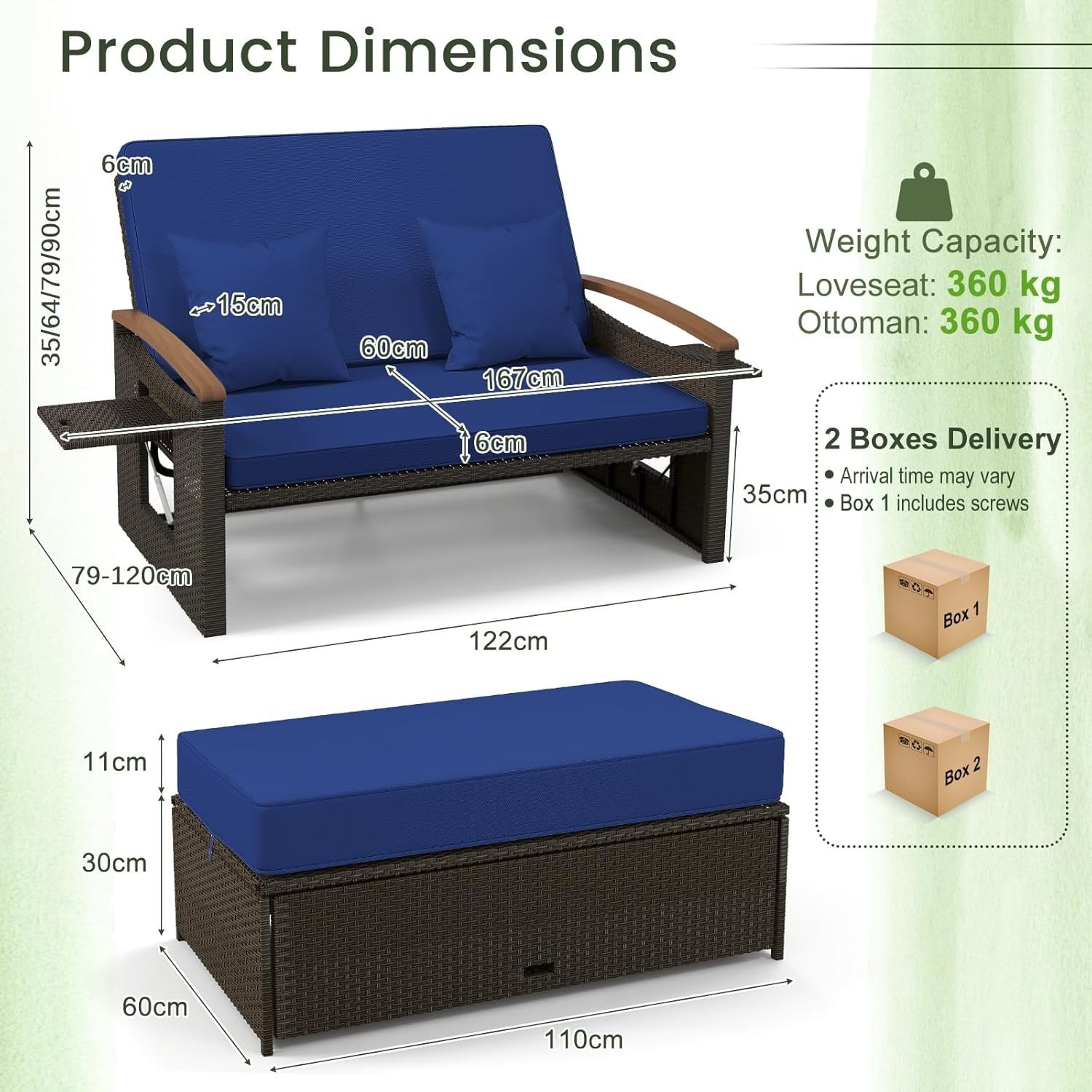 3-in-1 Navy Outdoor Rattan Daybed with Adjustable Back, Storage & Side Trays