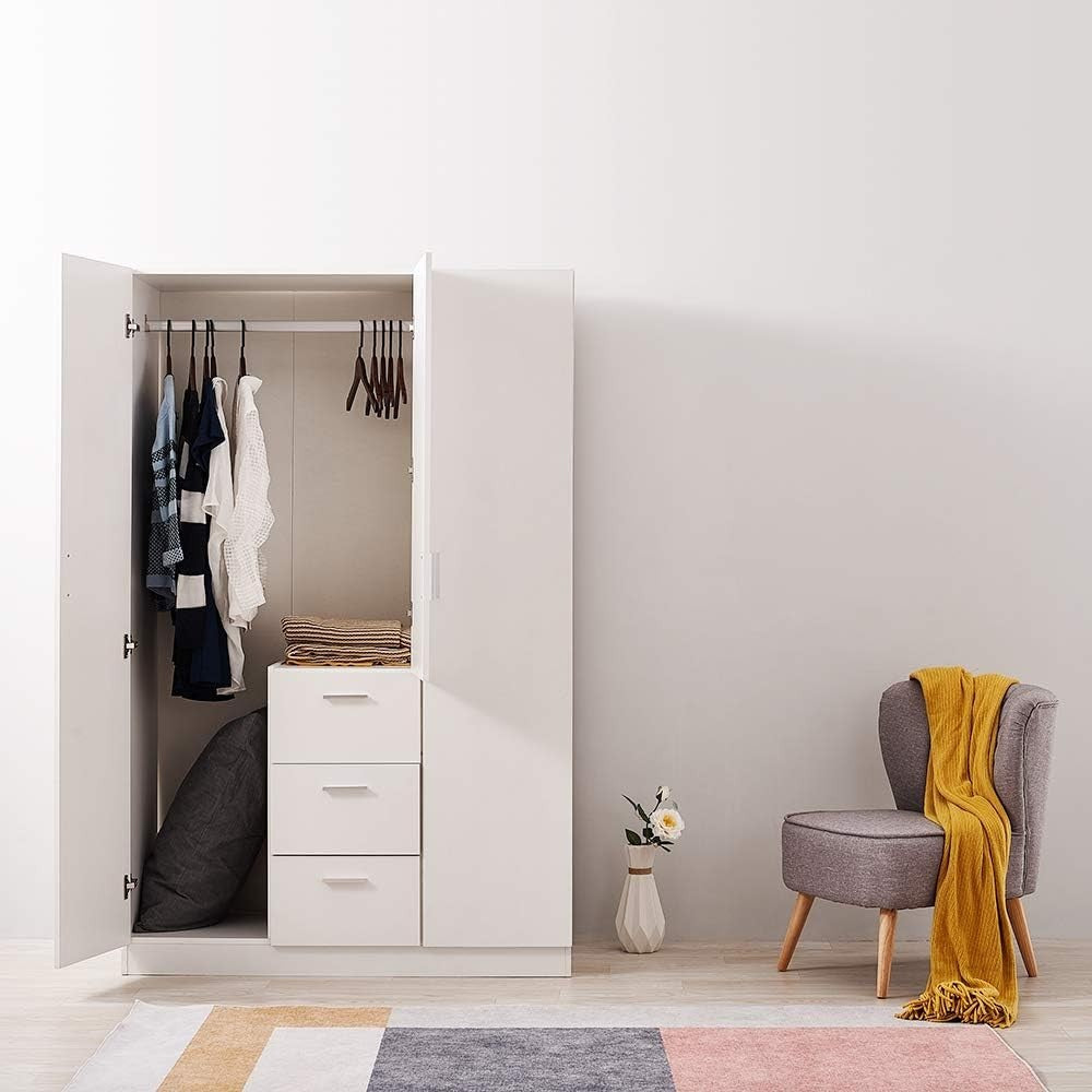 Large 3-Door Triple Wardrobe with Drawers - Bedroom Storage Organizer White