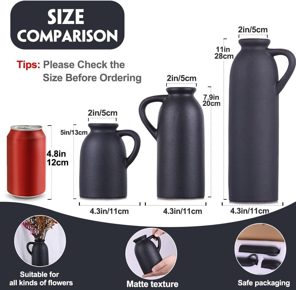 Black Ceramic Vase Set of 3 Matte Jug Vases Farmhouse Table Home Decor
