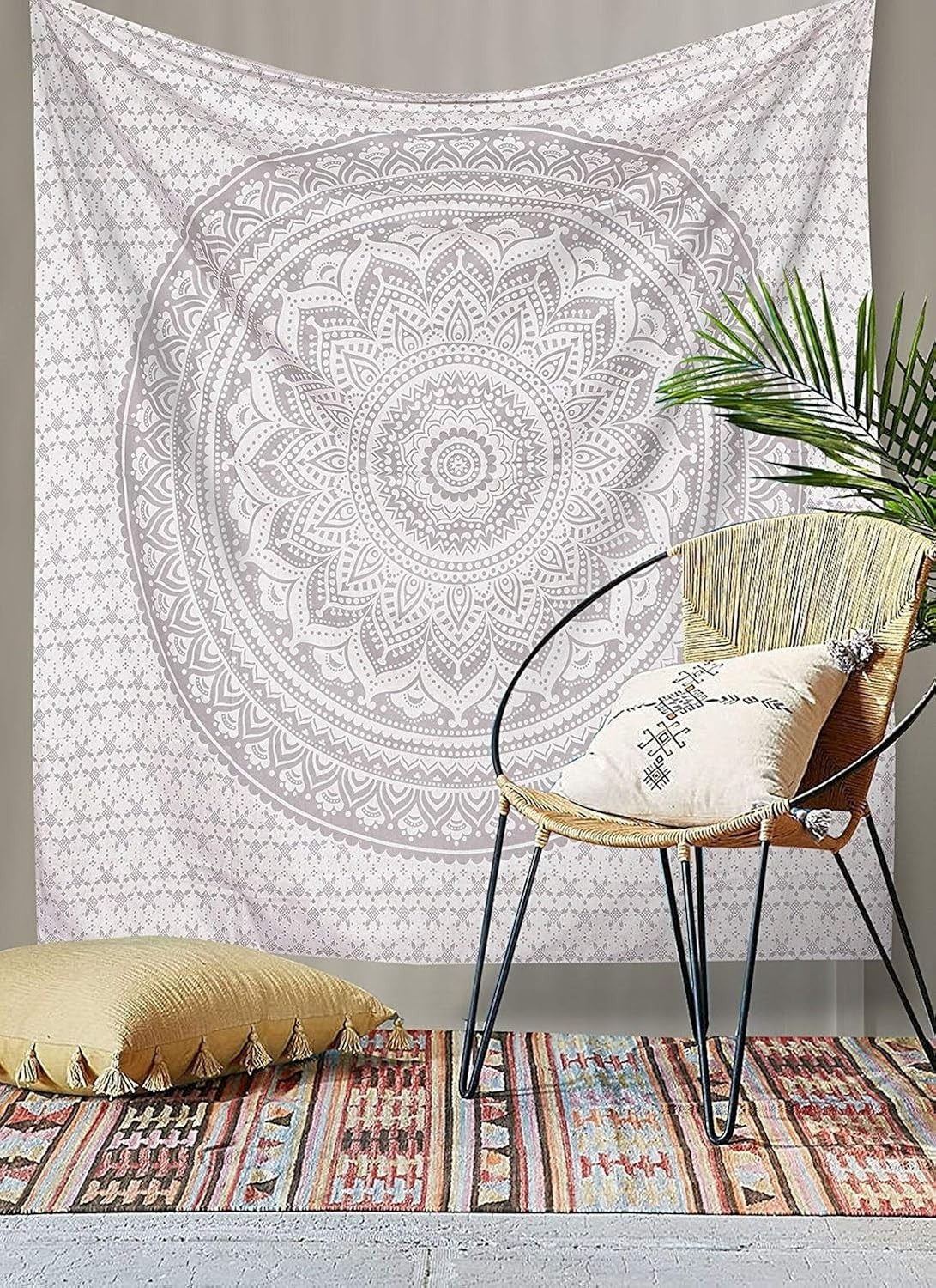Glittering Silver Grey Mandala Tapestry Boho Wall Hanging Cotton 85x90in