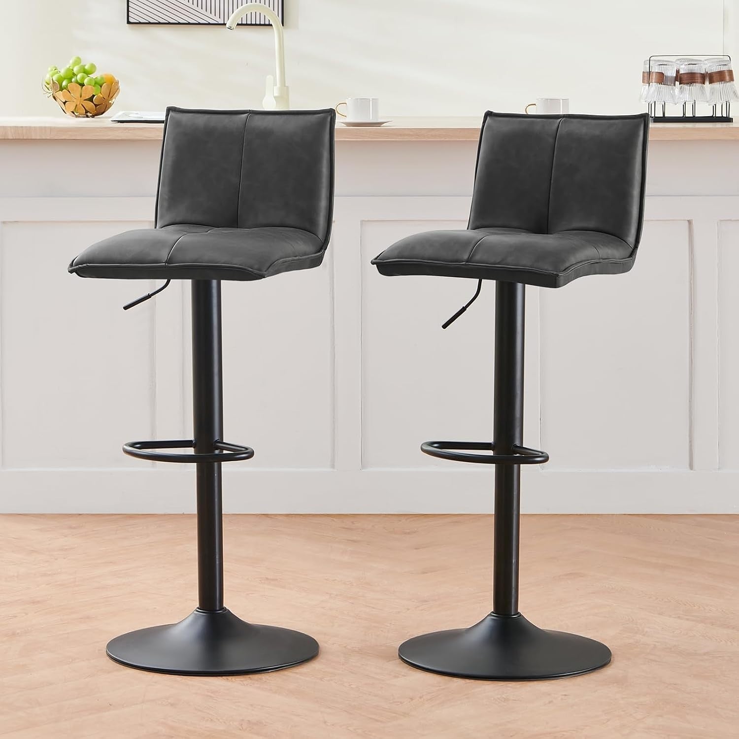 Grey Faux Leather Bar Stool Set of 2 Adjustable Swivel Kitchen Chairs