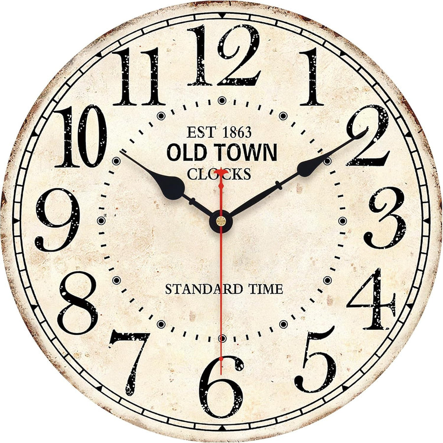 14" Vintage Old Town Wall Clock Rustic Silent Non-Ticking Antique Wood Décor