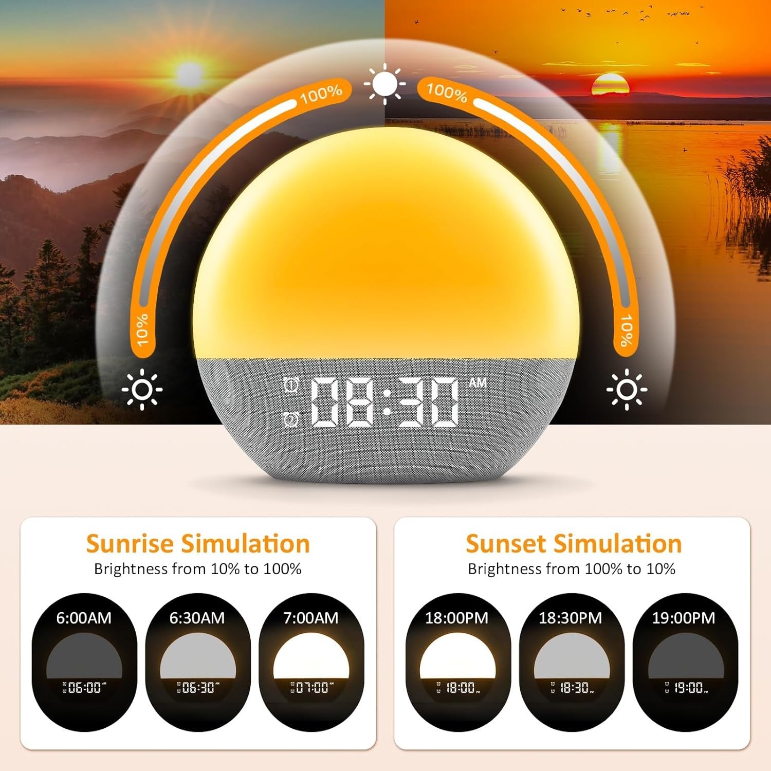 Sunrise Alarm Clock Wake Up Light Heavy Sleepers 25 Sounds Night Lamp White