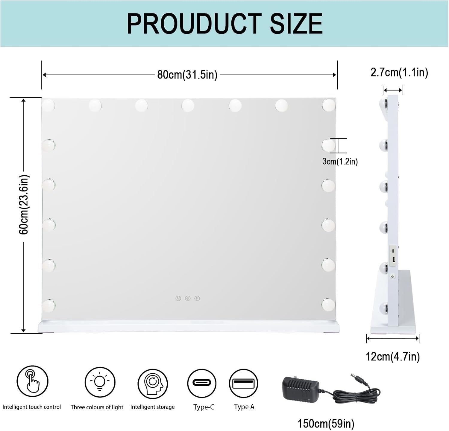 Large Vanity Mirror 80x60cm with LED Lights, Dimmable, 10X Magnifier, USB