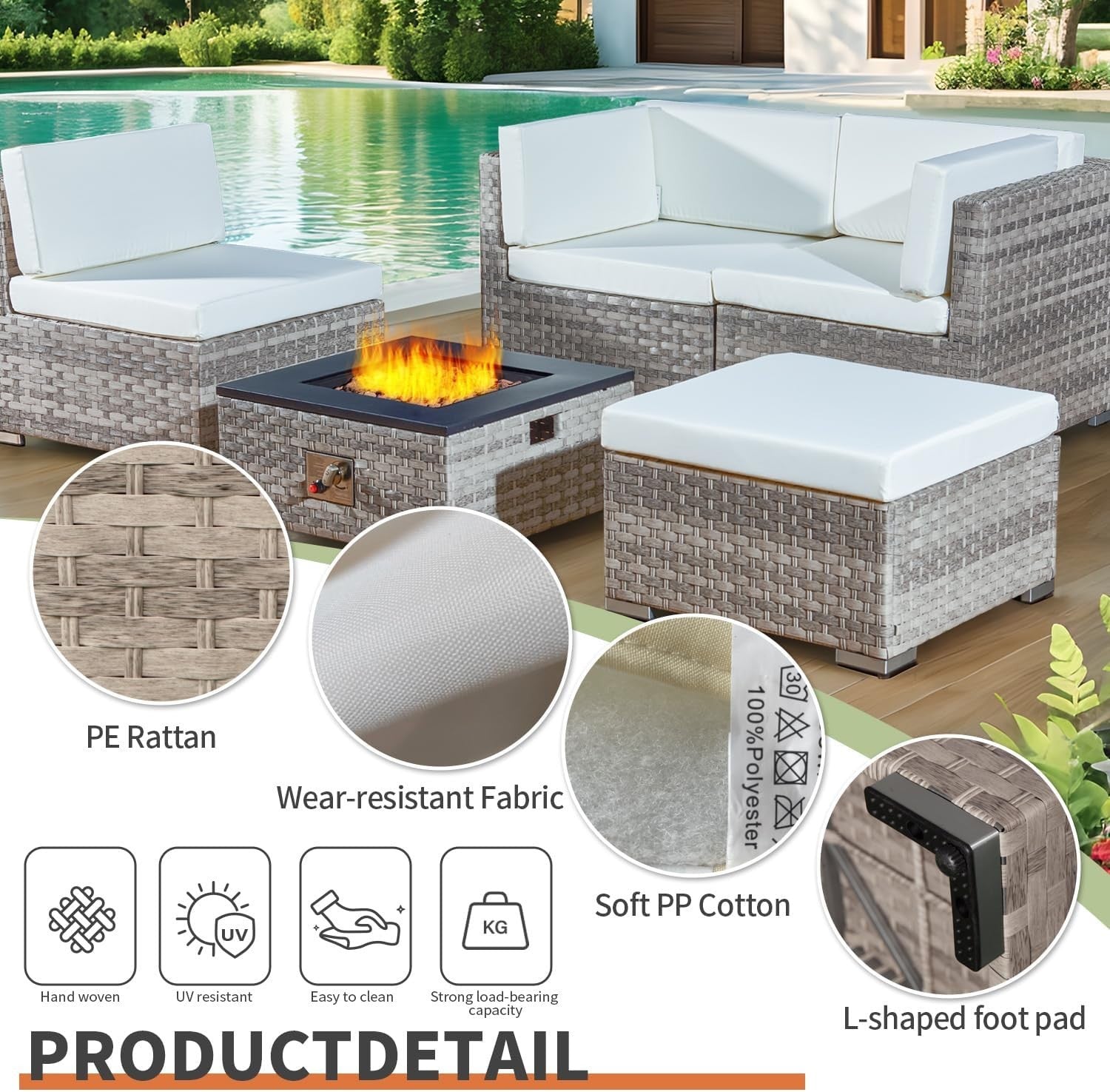 5-Piece Rattan Outdoor Fire Pit Patio Set with 40,000 BTU Gas Fire Table