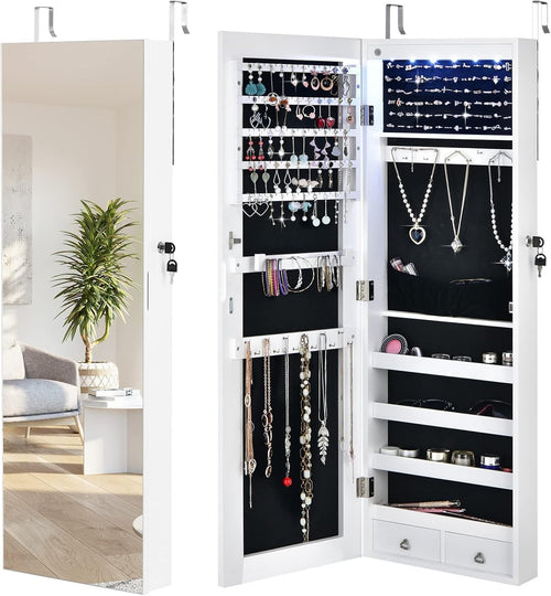 LED Jewelry Armoire Wall Door Mounted Lockable Full Length Mirror White