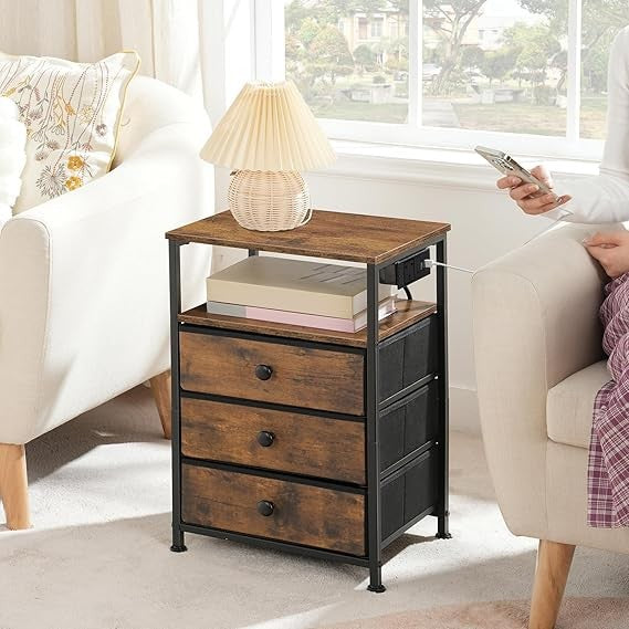Rustic Bedside Table with Charging Station, 3 Drawers, USB Ports Modern