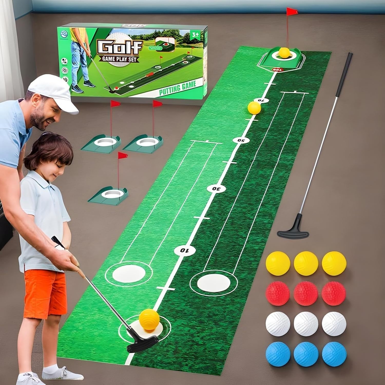 Golf Putting Mat Indoor Outdoor Practice Set w Balls Flags Cups Training