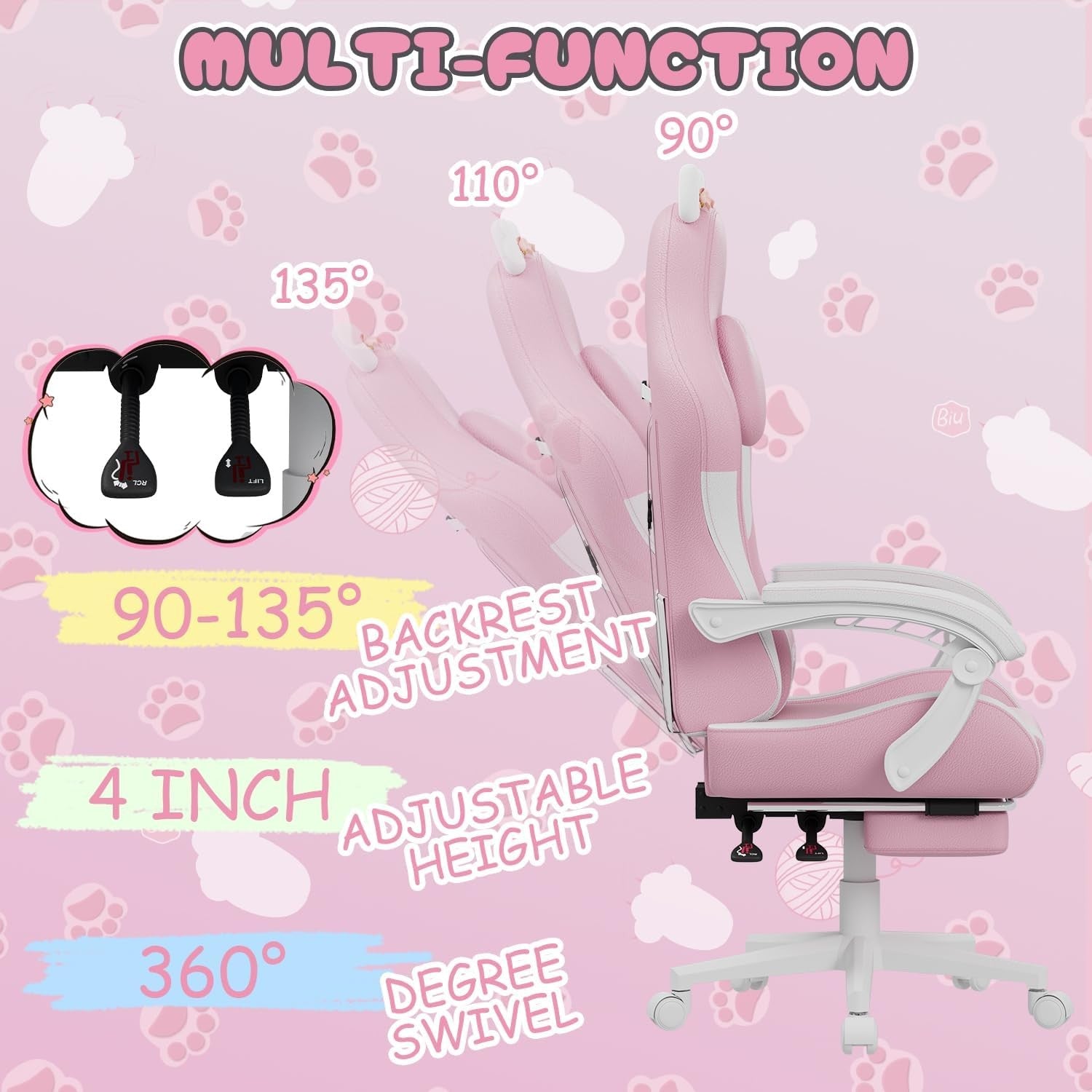 Pink Gaming Chair Cat Ears Massage Lumbar Recliner