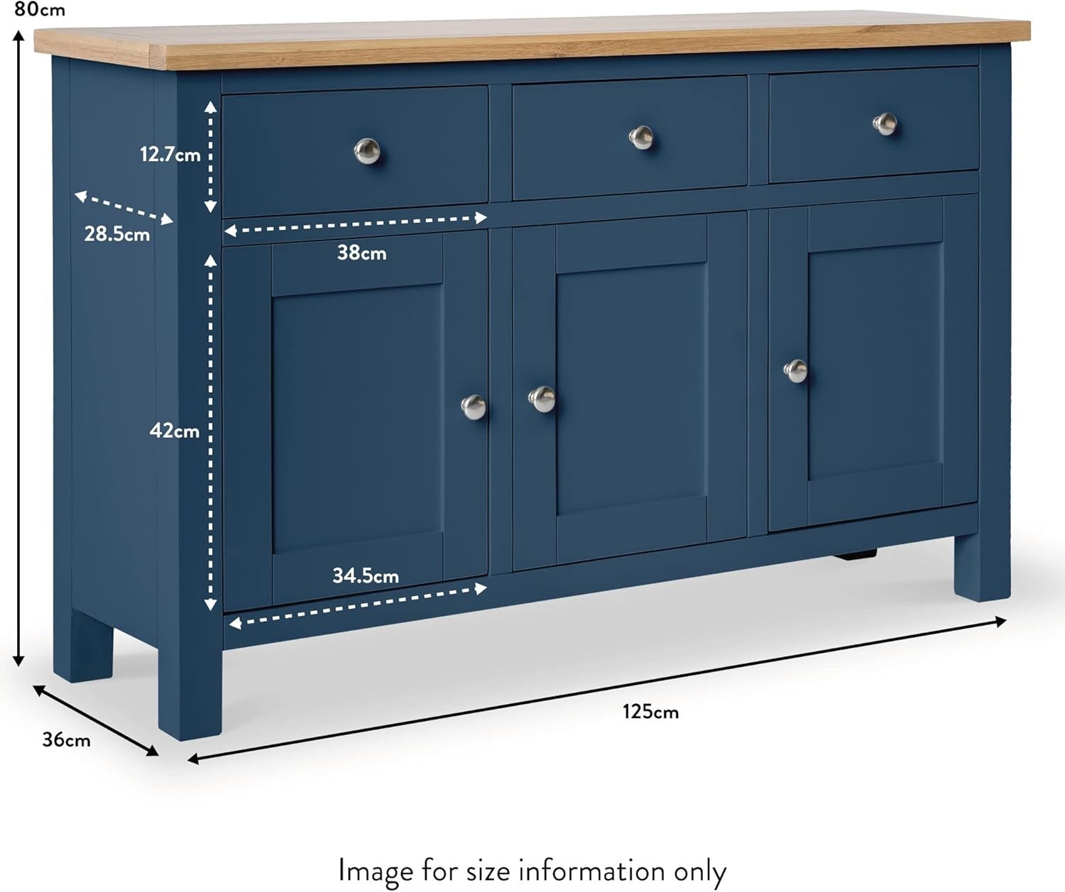 Navy Blue Sideboard Oak Top 3 Drawer Cupboard Cabinet for Living Room
