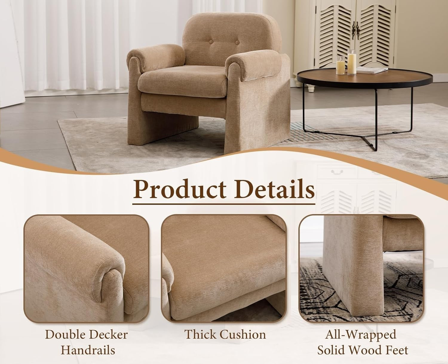 Modern Khaki Chenille Tub Armchair Sofa Chair Lounge Seat for Living Room