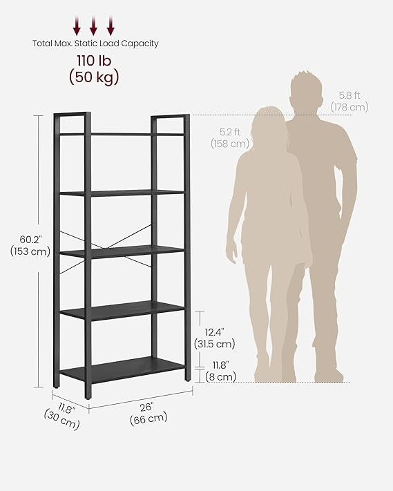5-Tier Industrial Bookshelf Ebony Black Metal Wood Storage Shelving Unit