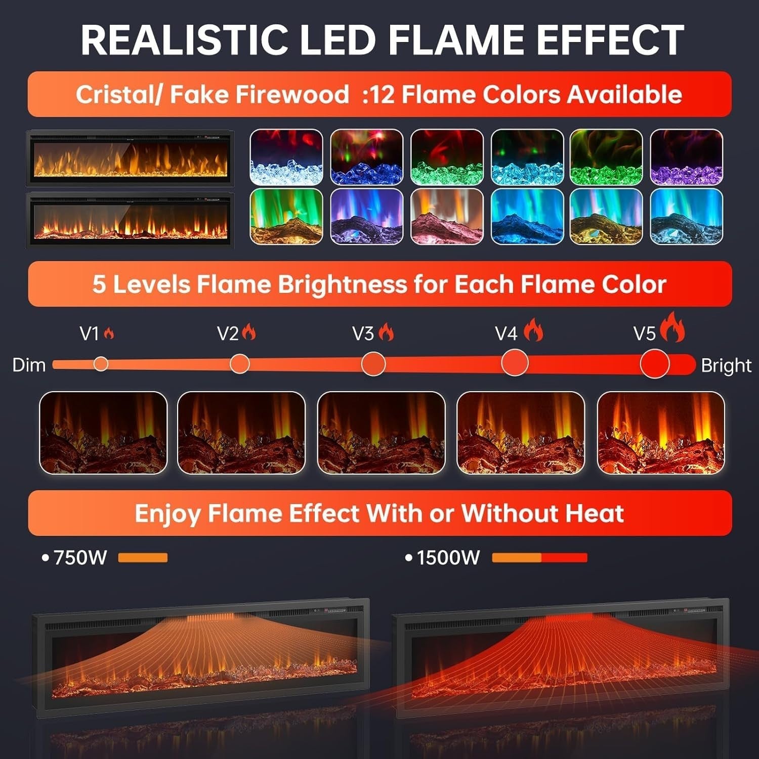 50" Electric Wall Fireplace Recessed Heater LED Log Flame Remote WiFi