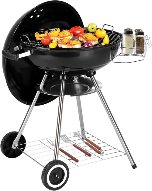 Large Charcoal BBQ Grill with Wheels & Thermometer, 28" Kettle Outdoor Garden