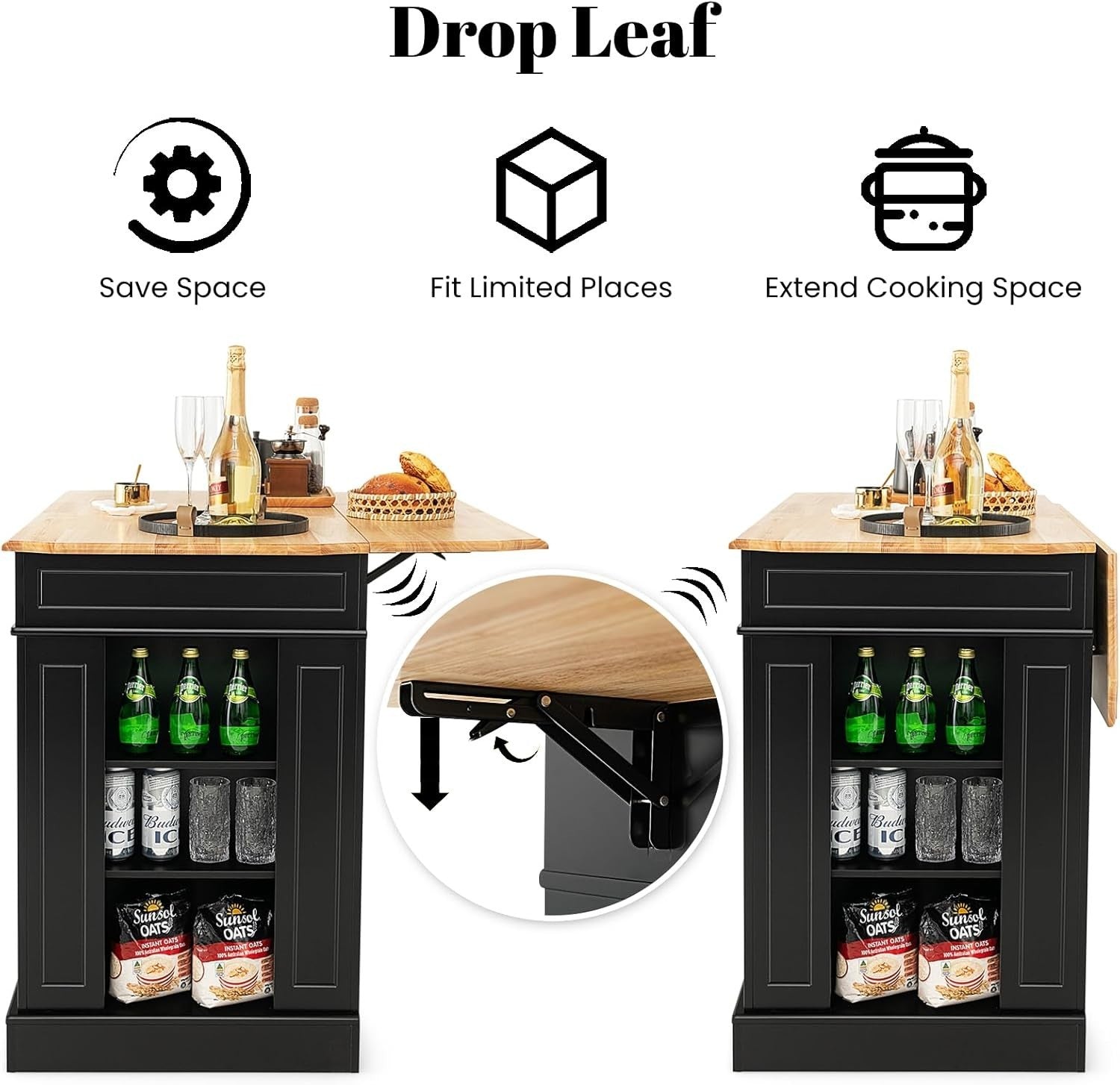 Extendable Kitchen Island with Storage Drawers & Adjustable Shelves
