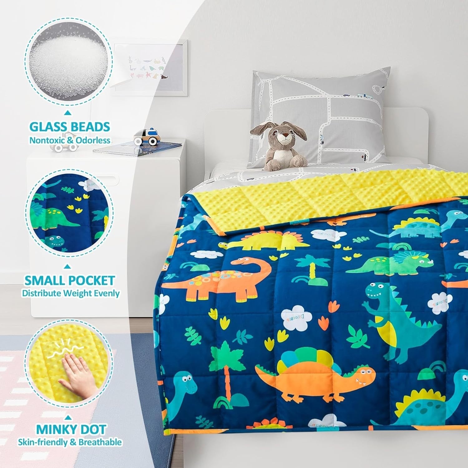 Kids Weighted Blanket Blue Dinosaur 1.4kg 90x120cm Soft Calming Comfort