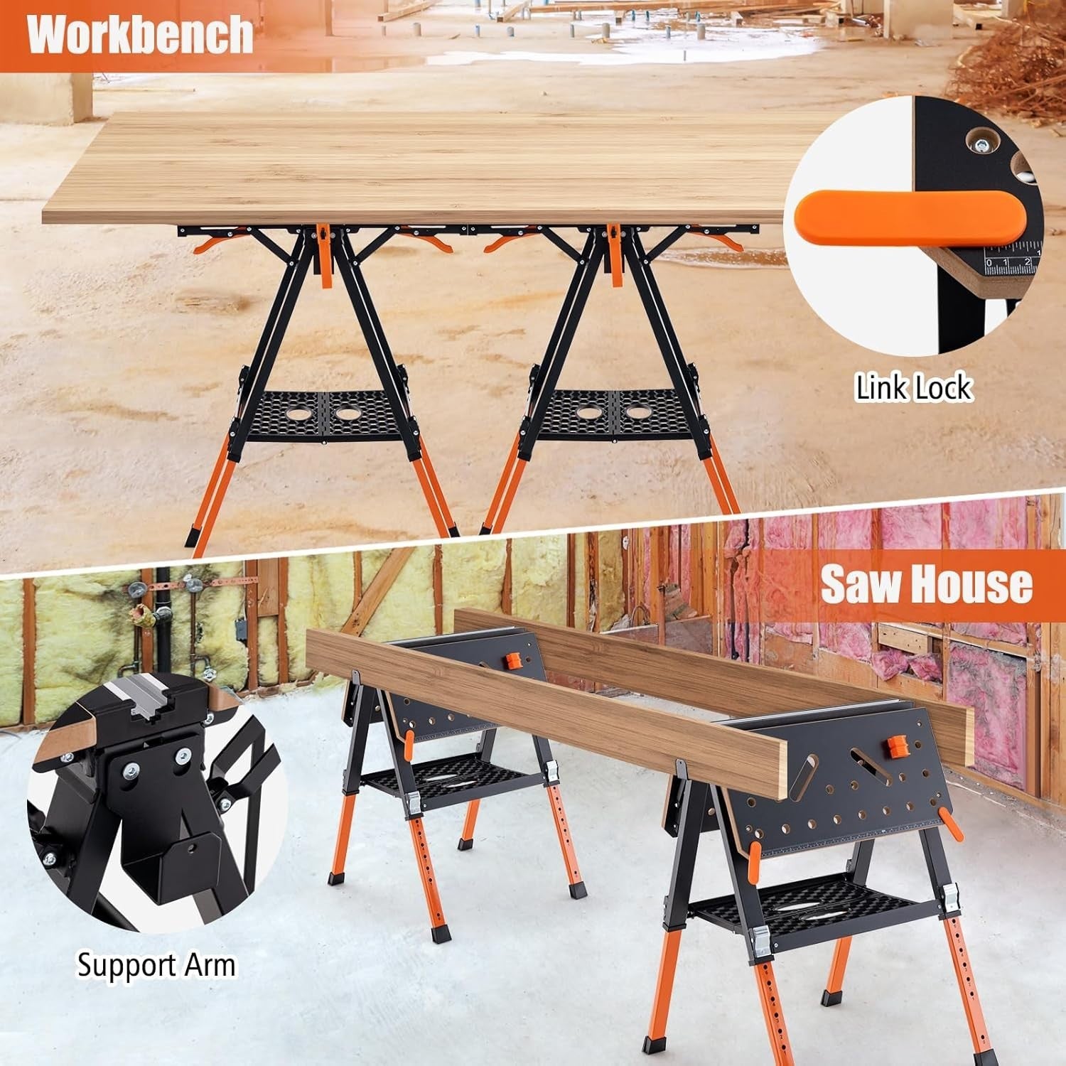 2-in-1 Folding Workbench & Sawhorse 8-Height 450kg Clamps Tool Stand 70x65