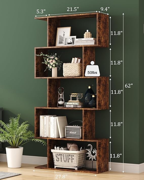 Rustic Brown 5-Tier S-Shaped Geometric Bookshelf Modern Display Storage Unit