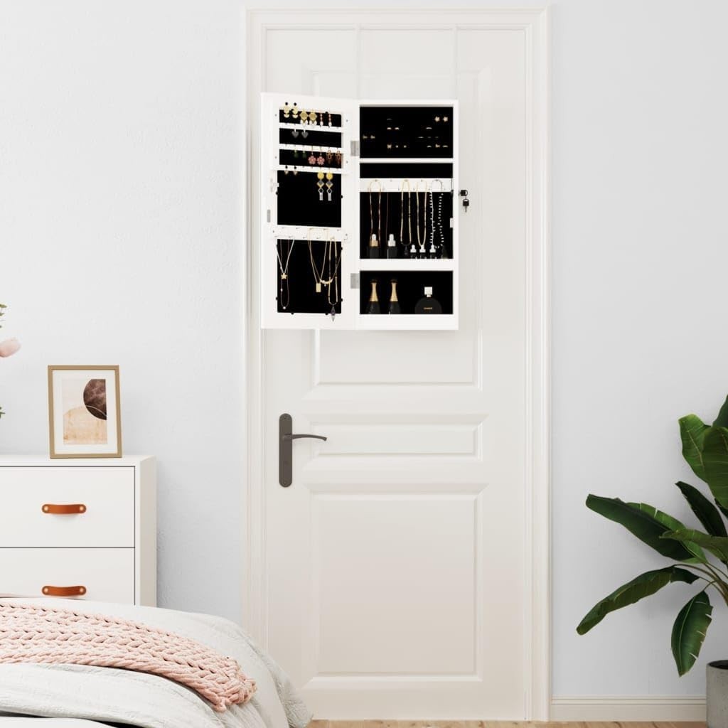 Compact Wall Mounted Jewelry Cabinet Mirror Lockable Storage White