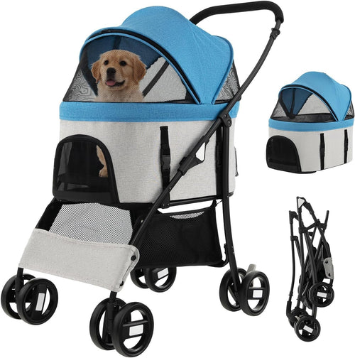 3in1 Pet Stroller Dog Pushchair Detachable Carrier Foldable Blue Grey