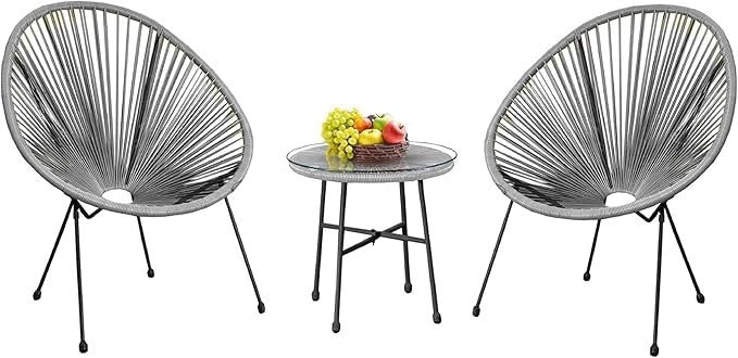 3pc Egg Chair Patio Set Grey Indoor Outdoor Bistro Furniture w/ Table
