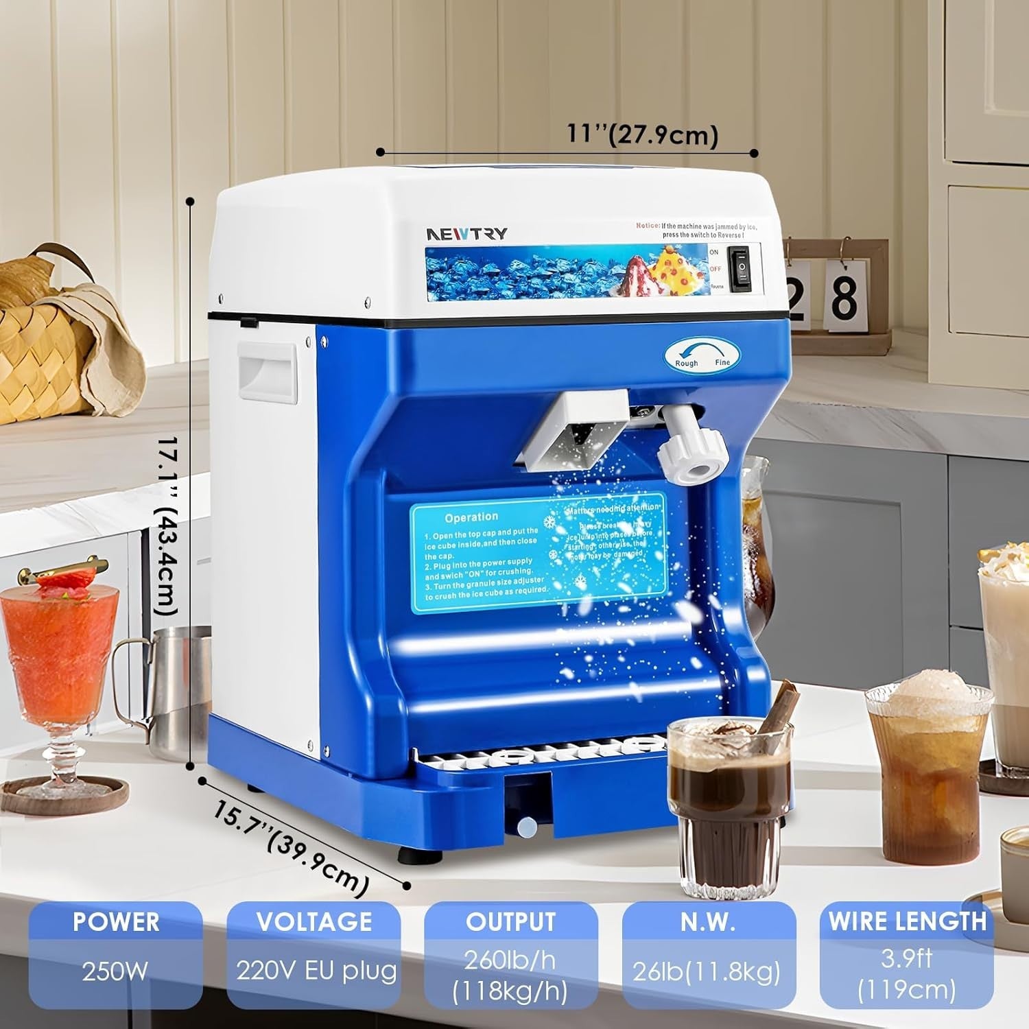 Commercial Ice Shaver Snow Cone Machine Electric 250W High Output 260lb/hr