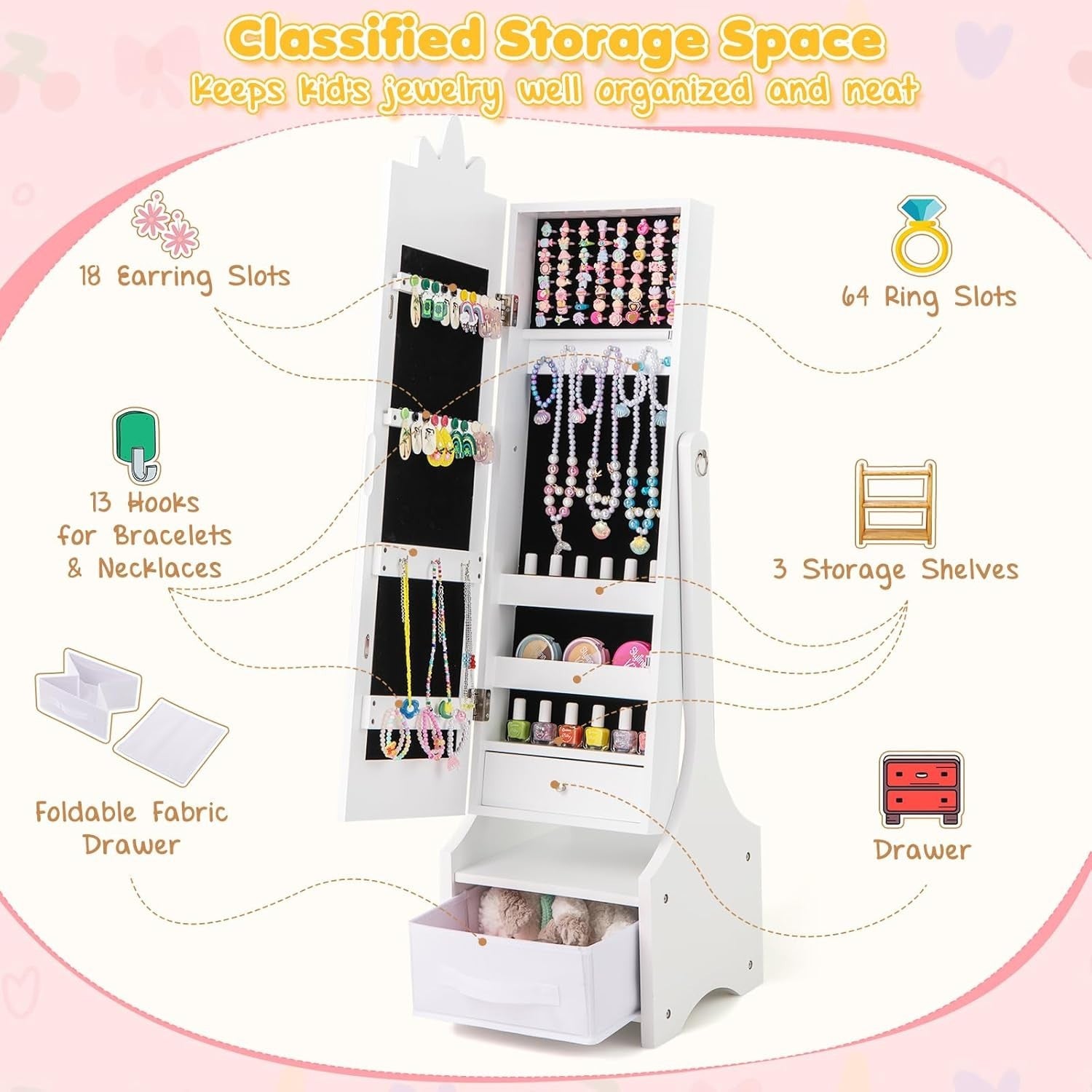 White Jewellery Cabinet Armoire Full Length Mirror Storage for Girls