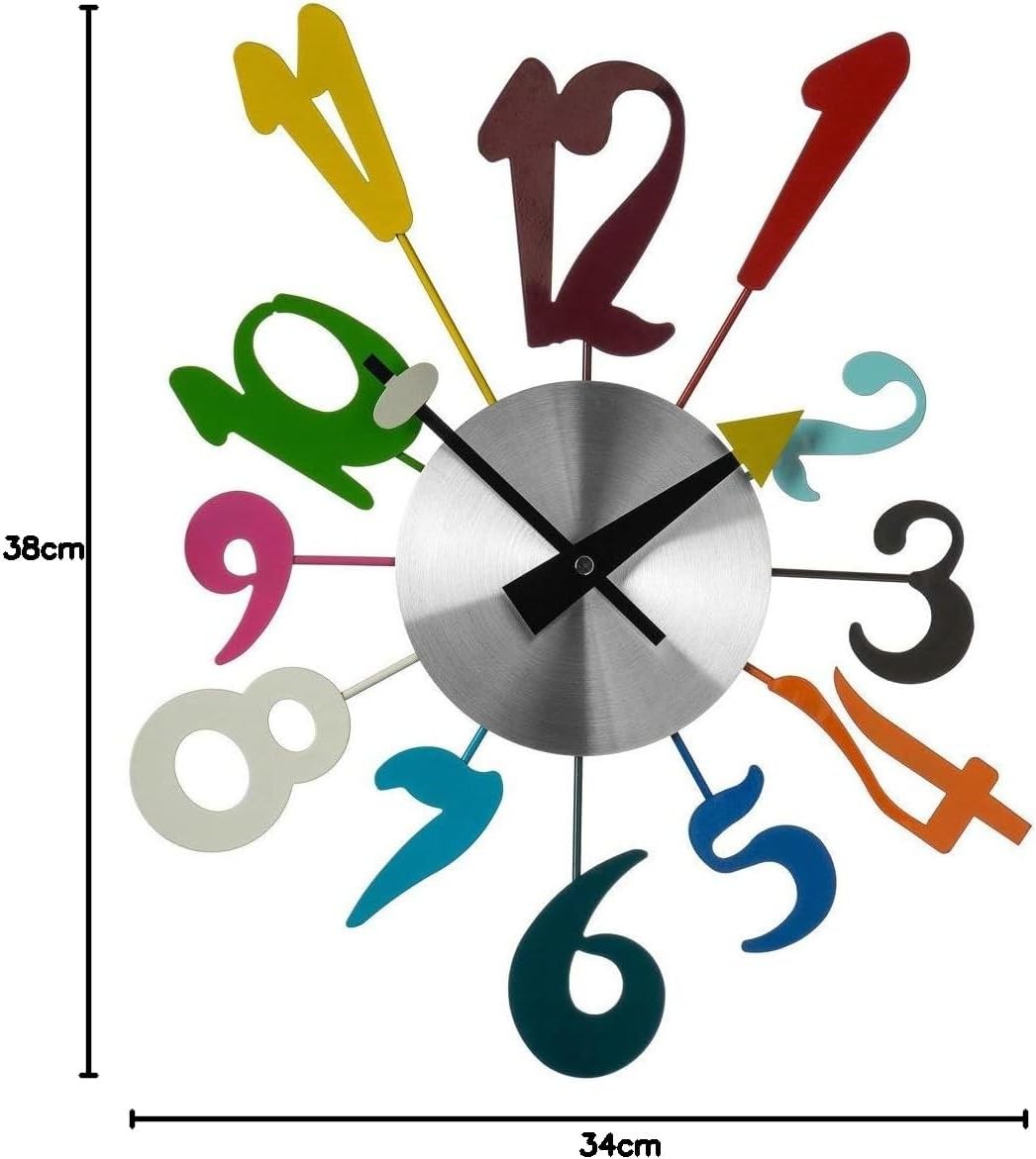 Modern Funky Numbers Wall Clock Multicolour Metal Silent Round Clock 38cm Home