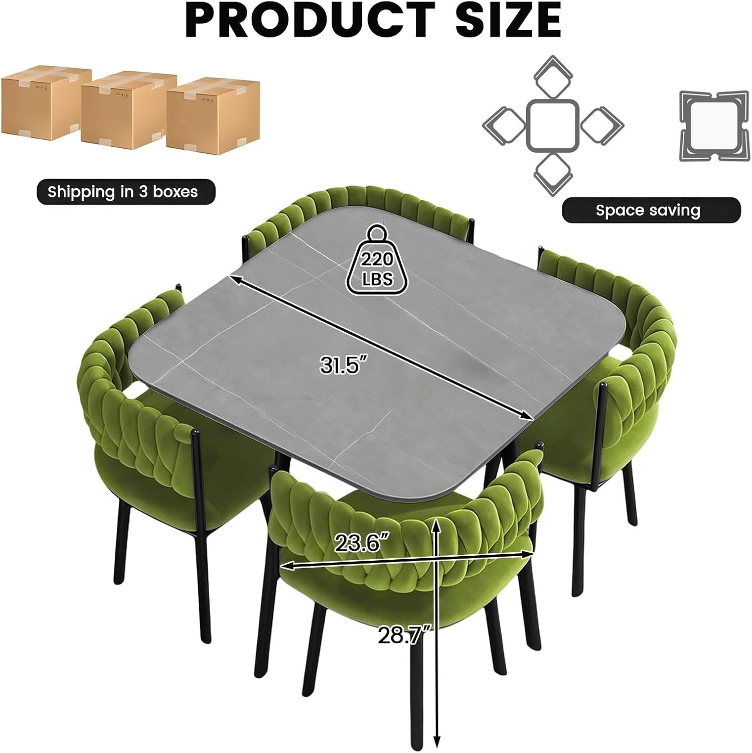 Square Marble Dining Table & 4 Velvet Chairs Set Grey Green Space-Saving