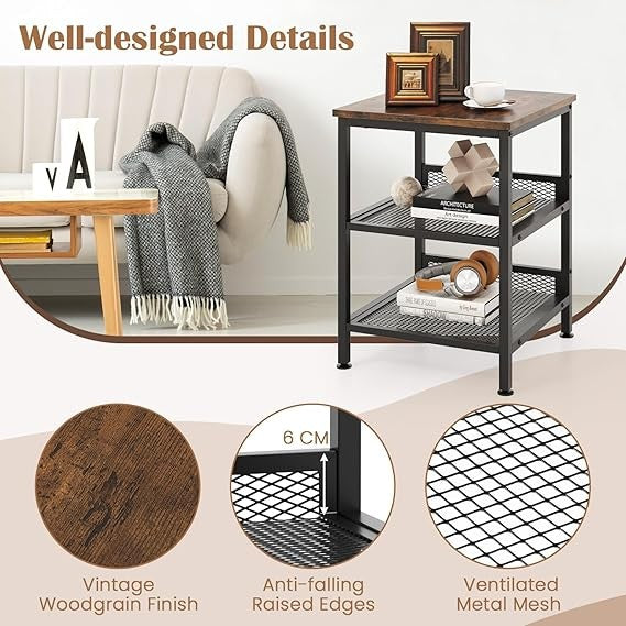 Industrial 3-Tier Side Table with Storage Shelves, Wood & Metal Nightstand