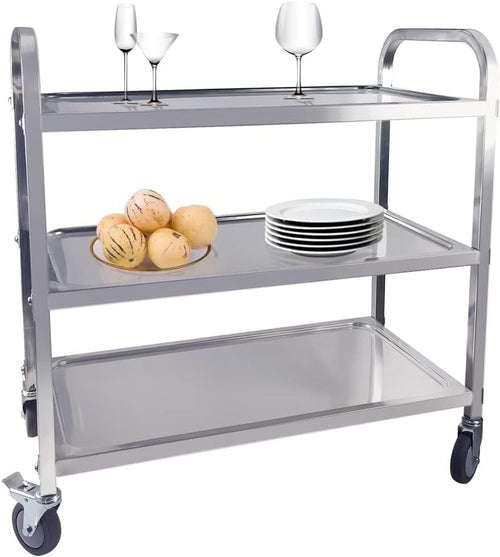 Stainless Steel Kitchen Trolley 3 Tier Serving Cart Locking Wheels Heavy Duty