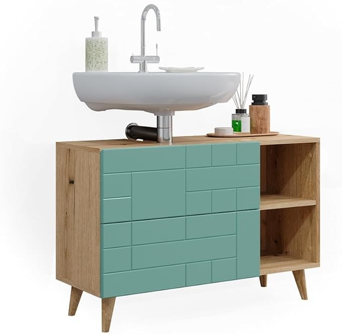 Mint Green Oak Sink Cabinet 90cm Vanity Unit with Drawers & Open Shelf Modern